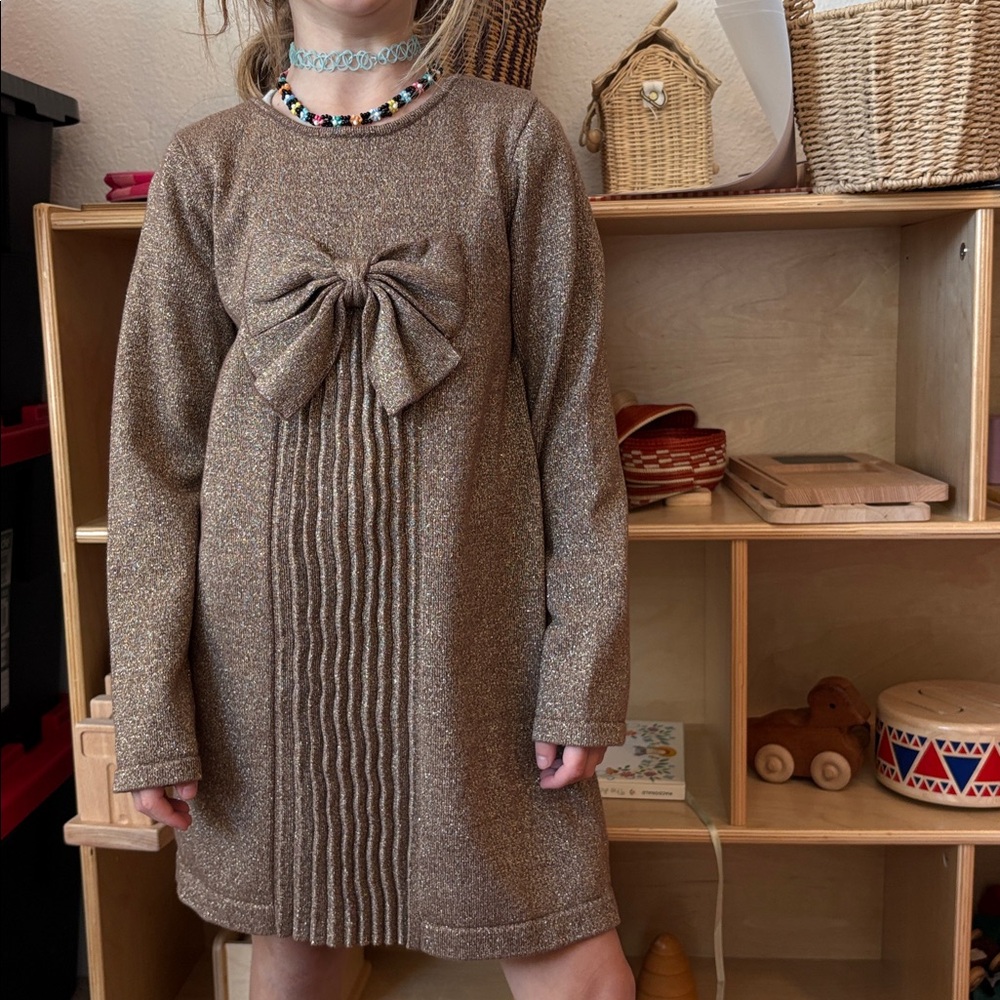 Hanna Andersson Festive Holiday Sparkling Taupe Sweater Dress with Bow